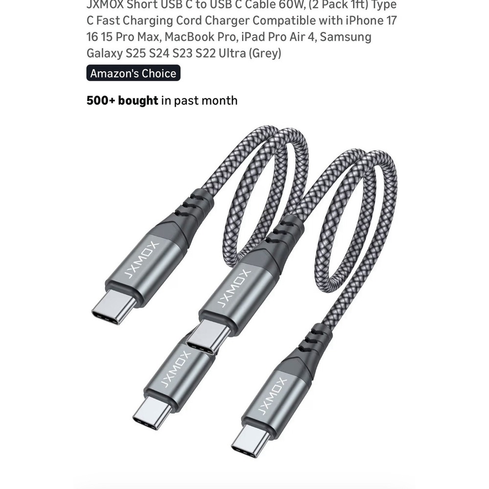 JXMOX 2 Pack High Quality Digital Cables USB C to‎ USB C Cables 0.3M Gray